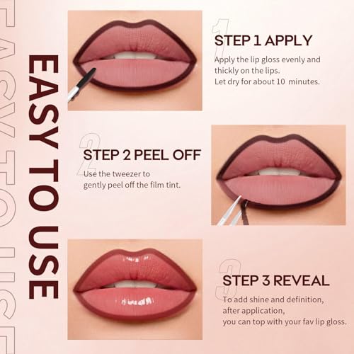 JUNECODE 3Pcs Lip Stain Peel Off Set with Tweezer, Peel Off lip Liner Stain Long Lasting Waterproof, Matte Lip Tattoo Tint Transfer Proof, Highly Pigmented Color Lip Makeup(#802+803+806)