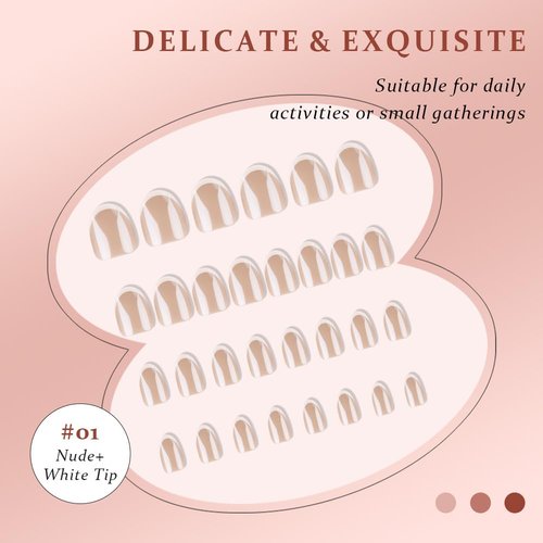 XZMeiLun Press On Nail, French Tip Chrome Acrylic Press On Nails Short Round, Designer Reusable Glazed Fake Nails, Glossy Soft Gel Nails Wedding and Party, Stick On Glue On Nails Press Ons for Women