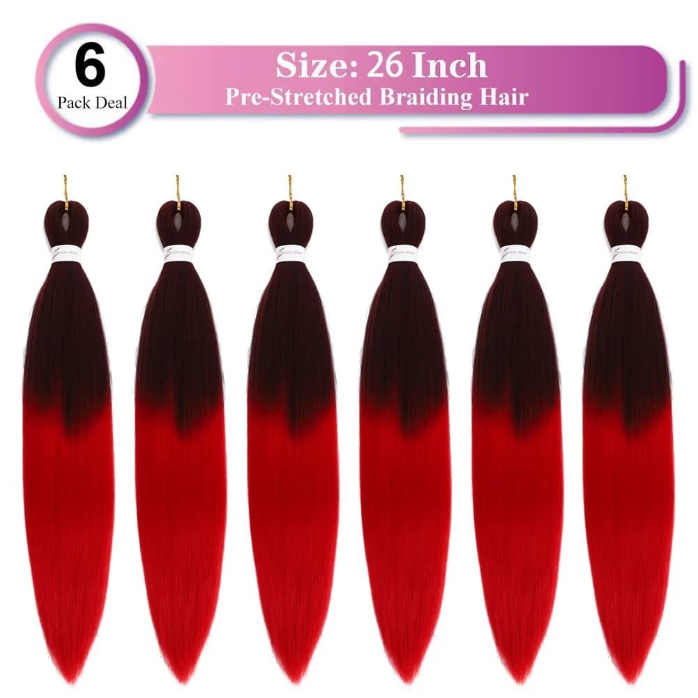 Ombre Red Braiding Hair Pre Stretched Black to Red EZ Braiding Hair 6 Packs/Lot 26 Inches Yaki Texture Braiding Hair Hot Water Setting Synthetic Fiber for Crochet Hair Extensions (Ombre Red)