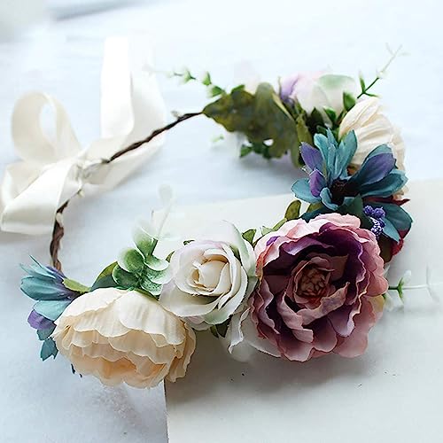 YnimioAOX Handmade Adjustable Flower Wreath Headband Halo Floral Crown Garland Headpiece, B22-purple white