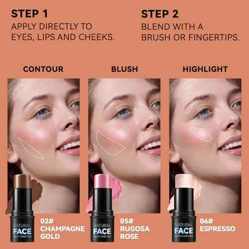 3Pcs Cream Contour Stick Makeup Kit, Shades with Highlighter, Blush and Bronzer Contour Stick for Sculpt the Cheeks, Long Lasting, Waterproof, Matte & Dewy Finish LIGHT MEDIUM(2+5+6)