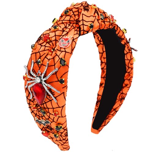 Yoolhamy Halloween Rhinestone Headband for Women Knotted Jeweled Wide Hair Band with Spider Pumpkin Bat Crystal Accents