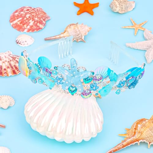 CAVETEE Mermaid Birthday Crown, Mermaid Rhinestones Tiara Mermaid Party Tiara Birthday Party Crown for Women, Party Favor Hair Accessories for Birthday Prom Theme Party Halloween