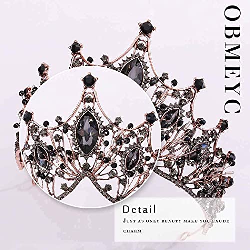 Obmyec Baroque Tiaras Black Crown Earring Crystal Head Crown Rhinestone Prom Princess Crowns Gift Party Sparkly Hair Accessories for Women