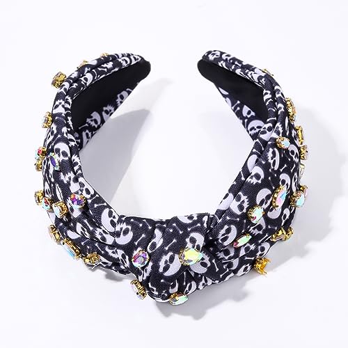 Halloween Crystal Knotted Headband for Women Rhinestone Jeweled Embellished Skull Print Wide Top Knot Hairband Halloween Costume Party Hair Accessory