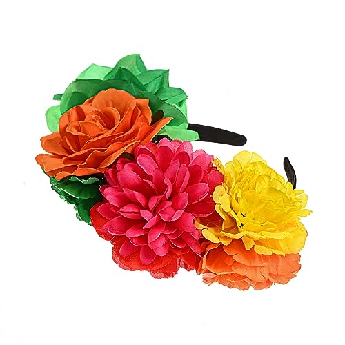 Fleursun Mexican Flower Crown Frida kahlo Headband Dia De Los Muertos Flower Crown Halloween Party Costume Headpiece (Red yellow orange blue)