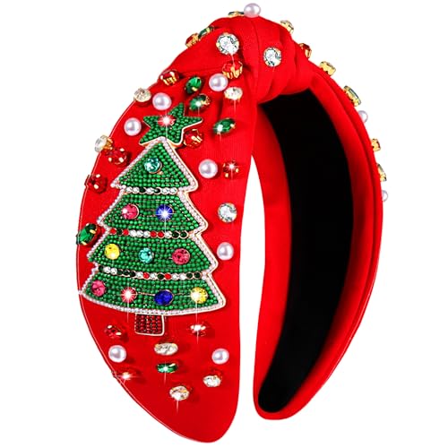 Christmas Headband for Women Rhinestone Snowflake Headband Embellished Crystal Pearl Knotted Headbands Wide Top Knot Xmas Holiday Headband Christmas Hair Accessories Outfits Gifts (Snowflake Black)