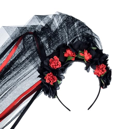 Delicate Dew Day of The Dead Flower Headband dia de los muertos costume Halloween Headpiece (Black Veil)