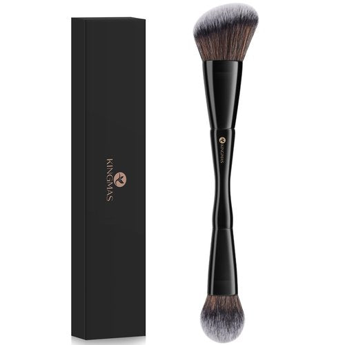 KINGMAS Dual-Ended Foundation & Bronzer Duo Brush - Angled & Round Top for Flawless Makeup Blending (Black)