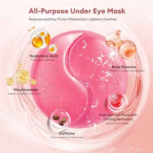 Under Eye Patches Gold Essence Hydrogel Eye Masks for Puffy Eyes and Dark Circles Caffeine Hyaluronic Acid & Niacinamide Deep Hydrating Eye Mask for Men & Women 60 PCS (Rose-pink)