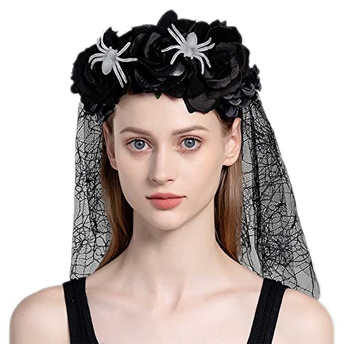 Acenail Floral Headband Veil Women Flower Crown Head Piece Rose Flower Garland Spider Mexican Headband Day of the Dead Head Band Cosplay Halloween Headpieces (Black)