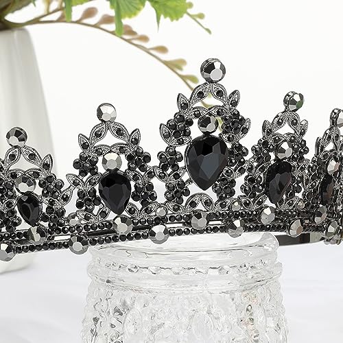 Makone Queen Crown and Tiara Princess Crown with Combs for Women and Girls Black Crystal Headbands for Bridal, Gothic Costumes for Prom Halloween Accessories Wedding Birthday Party(Black)