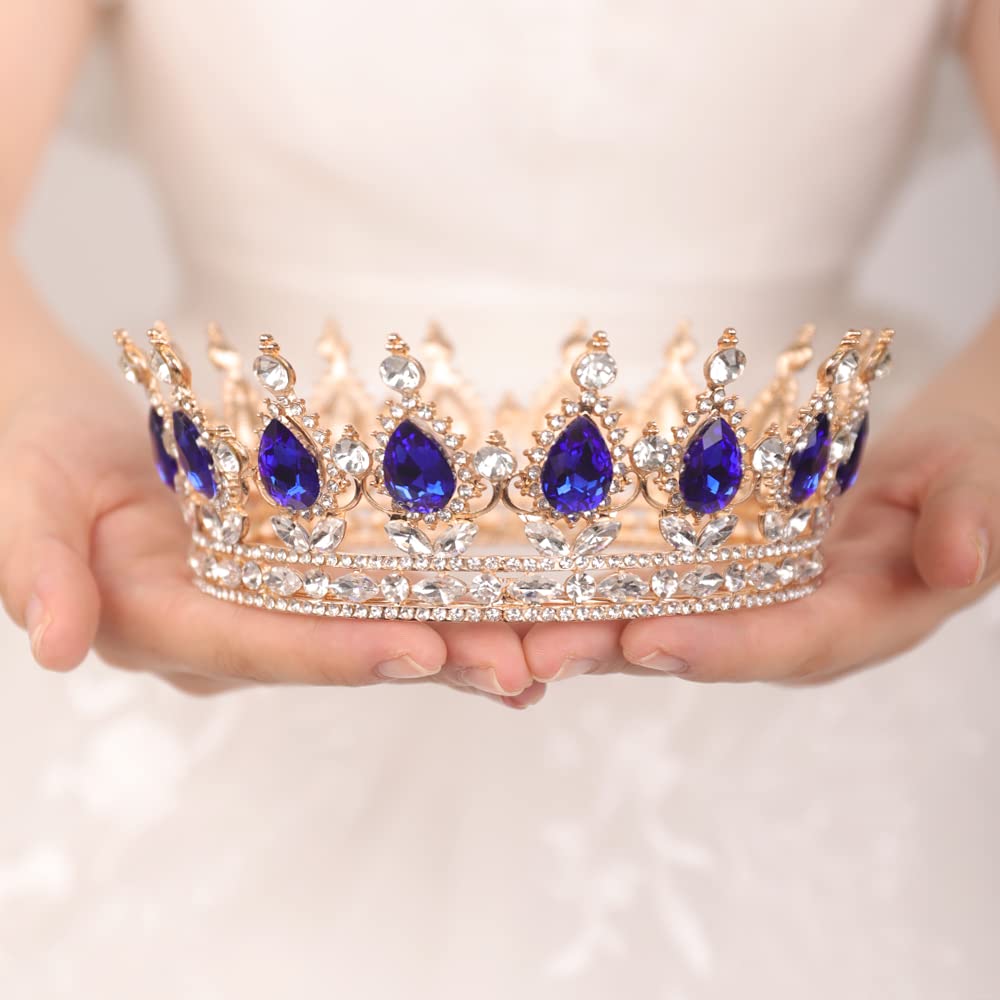 JWICOS Crystal Tiara for Women Rhinestone Bridal Wedding Full Round Tiara Hair Accessories for Girls Princess Tiara Crown Headband for Birthday Party Halloween Costume Prom (Royal Blue)