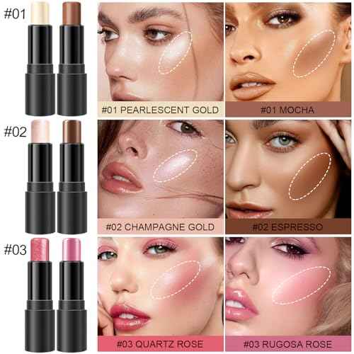 6 Colors Cream Contour Stick Makeup Kit, Shades with Highlighter, Blush and Double-End Bronzer Contour Stick for Sculpt the Cheeks, Long Lasting, Waterproof, Matte & Dewy Finish(SET A)