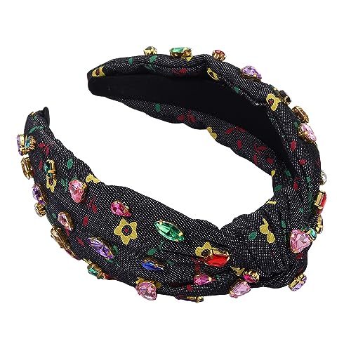 MOLOCH Crystal Knotted Headbands for Women Floral Heart Rhinestone Headbands Jeweled Embellished Wide Headband Summer Beach Party Hair Accessories (Black)