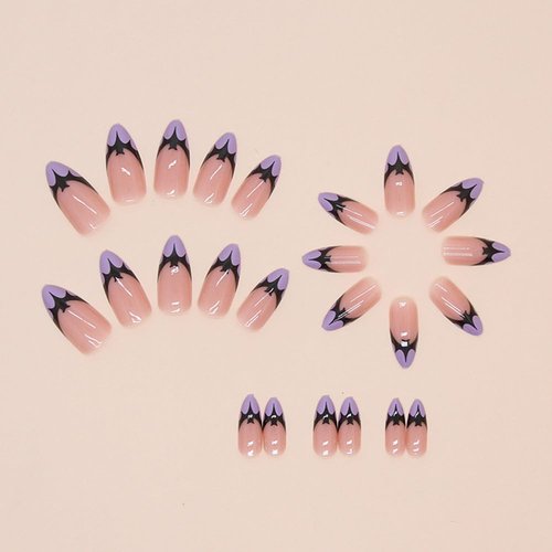 24 Pcs Halloween Press on Nails Short Almond - BHLFRH Nude Pink Acrylic Fake Nails Press ons Purple French Nail Art Tips Glue on Nails Bat Design Full Cover Glossy False Nails Stick on Nails Women