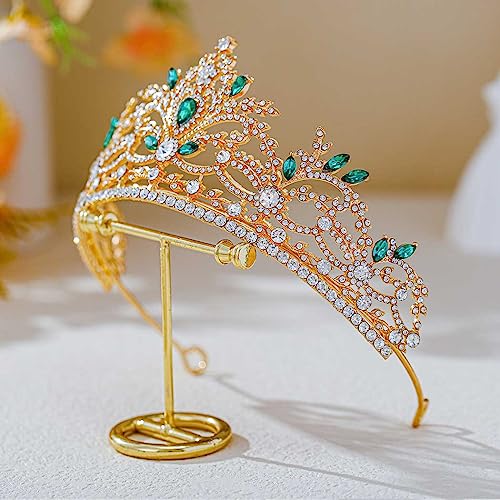 Foyte Baroque Queen Crown Wedding Rhinestone Tiara Gold Bride Crystal Hair Accessories Princess Gemstones Headband Crowns for Women (green rhinestone)