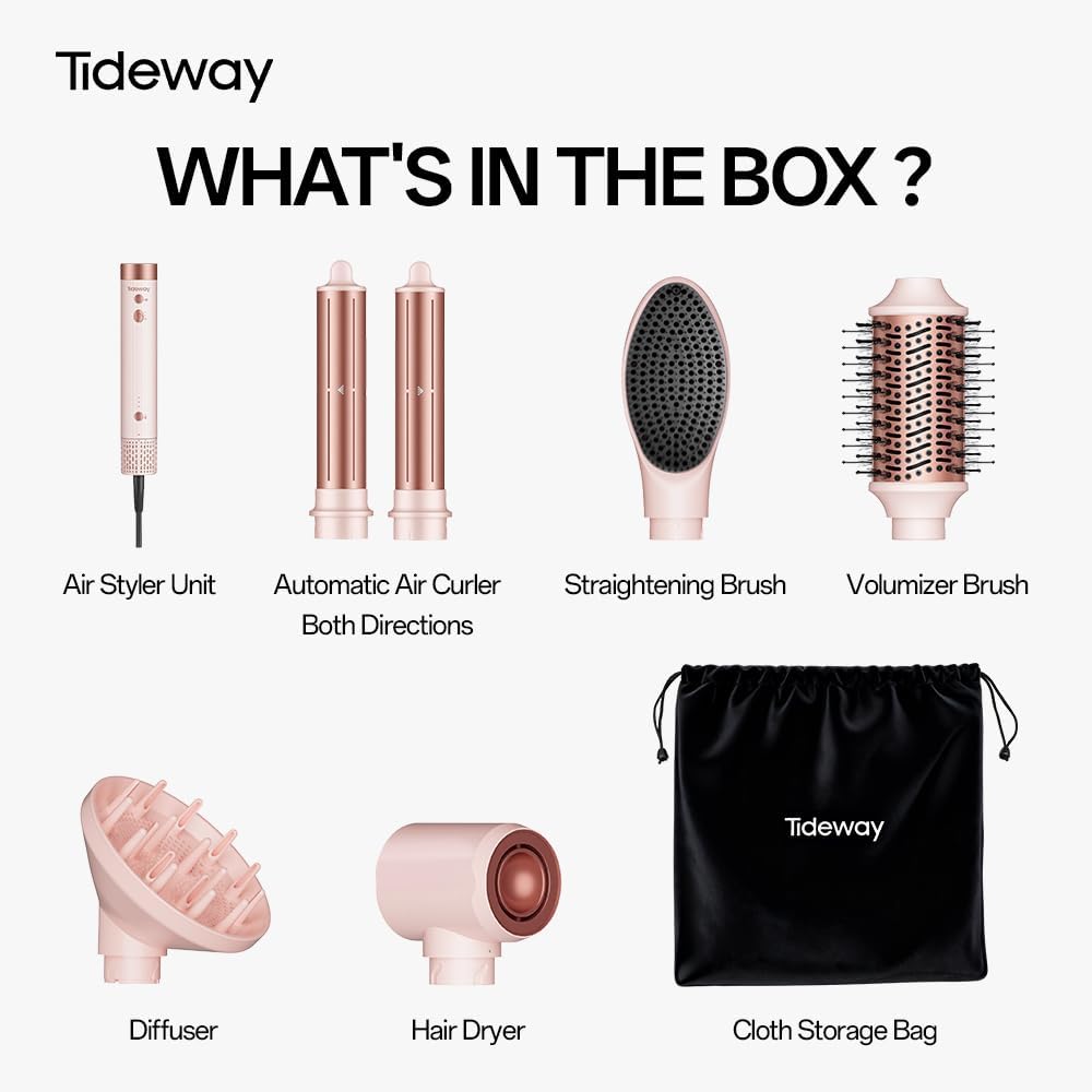 Tideway Prowaver 6-in-1 Hot Air Styler - Ionic Hair Dryer Brush with Auto Wrap Curlers | Fast Drying & Frizz-Free Hair