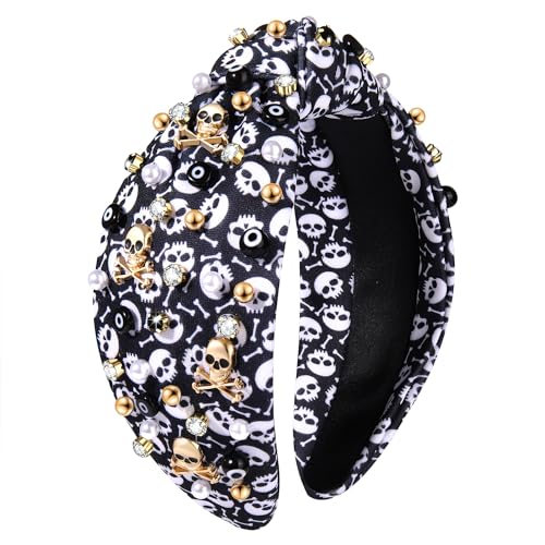 Halloween Headbands Rhinestone Knotted Headband for Women Crystal Spider Candy Corn Jeweled Embellished Wide Top Knot Hairband Halloween Cosplay Party Hair Accessories (Skull charm Print Knot)