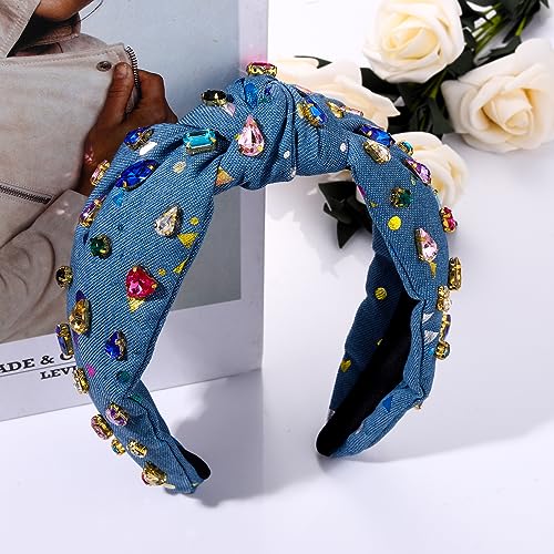 MOLOCH Crystal Knotted Headbands for Women Floral Heart Rhinestone Headbands Jeweled Embellished Wide Headband Summer Beach Party Hair Accessories (Blue)