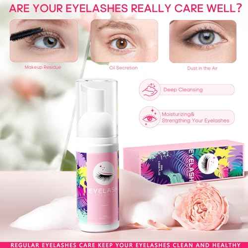 Buqikma Lash Cleaning Kit - Lash Shampoo Kit Eyelash Extension Cleanser for Extensions 60ML with Rechargeable Handheld Lash Fan Dryer Mascara Brush Rinse Bottle Makeup Cleansing Foam for Lash Care