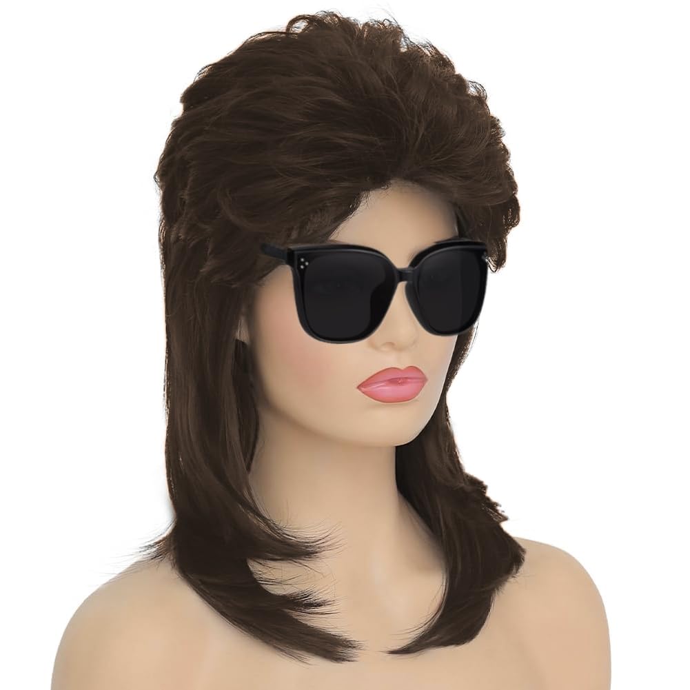 Daiaces Brown Mullet Wigs for Women 80s Rocker Wig Costumes Fancy Party Cosplay Halloween Wig