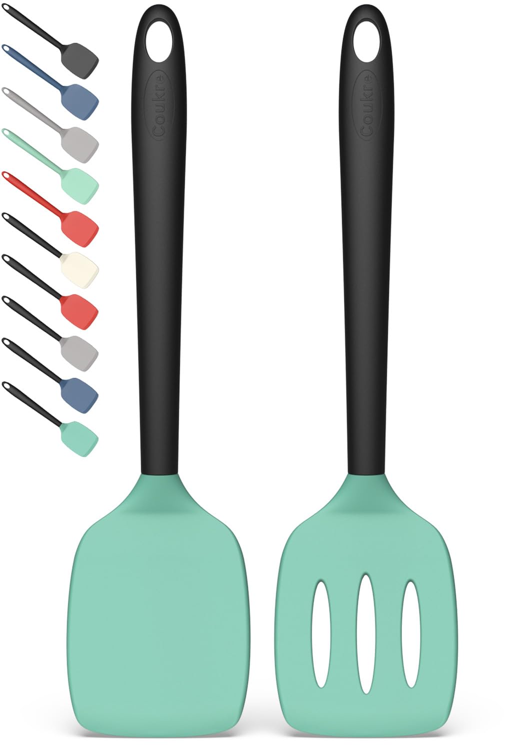 Coukre 2 Pack Silicone Spatula Set, High Heat Resistant, BPA Free Kitchen Spatula, Solid & Slotted Turner for Non-Stick Pans, Sautéing, and Flipping (2, AquaGreen)