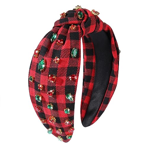 CEALXHENY Christmas Headband Accessories for Women Red Green Rhinestone Crystal Knotted Headband Jeweled Xmas Plaid Wide Top Knot Headband Christmas Outfits Holiday Gifts (Christmas 1)