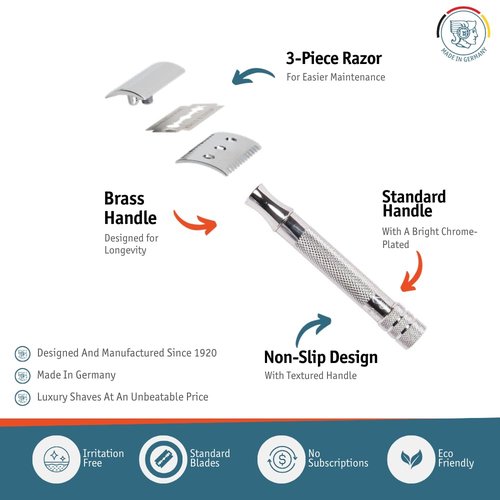 MERKUR 15C Double Edge Safety Razor - Bright Chrome Open Comb Design, Plastic-Free, Three-Piece
