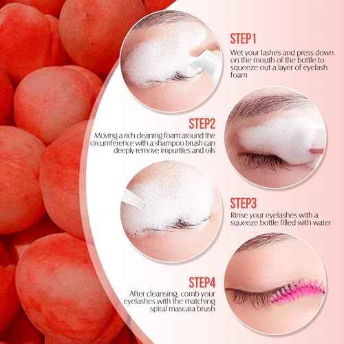 Lash Shampoo for Lash Extensions 60 Ml/2fl.oz Eyelash Extension Cleanser Oil Free Lash Cleanser for Eyelash Care, Gentle Foaming Eyelash Shampoo with Brush for Salon Home Care (Peach 60ml)