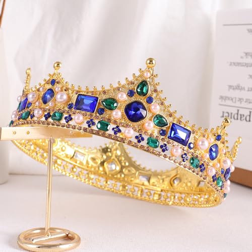 King Crystal Wedding Tiara Vintage Rhinestone Crown Hair Bands For Men Birthday Prom Pageant Hair Accessories (Gold With Blue Stone)