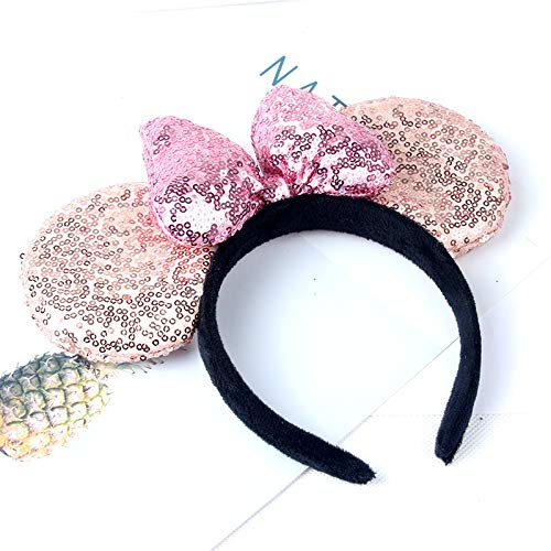 A Miaow 3D Black Mouse Sequin Ears Headband MM Glitter Butterfly Hair Clasp Park Supply Adults Women Photo Accessory (Champagne and Pink)