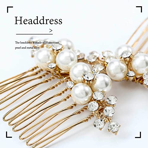 Brishow Wedding Hair Combs Gold Pearls Bridal Hair Accessories Crystal Brides Headpiece Hair Clip for Women and Girls 2 Pieces (Gold)