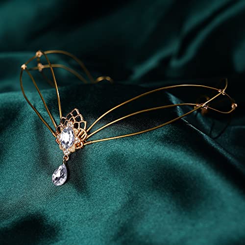 CoTeeZa Medieval Celtic Fairy Circlet Vintage Viking Crown Gold Wedding Headband Handmade Crystal Headpiece Elf Princess Tiara Women Flower Costume Hair Accessory Wreath for Queen King Prom Cosplay