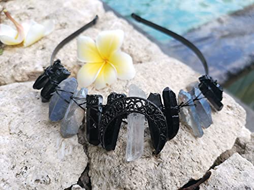 FZBHRO Crystal Quartz Headband Crown Black Women Decorative Hair Accessories Quartz Tiara Crown for Halloween Party Birthday 1pc