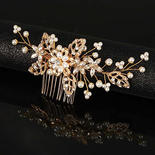 Gorais Pearl Bride Wedding Hair Comb Crystal Bridal Hair Piece Leaf Wedding Hair Accessories Floral Rhinestone Hair Clip Side Combs for Women and Girls