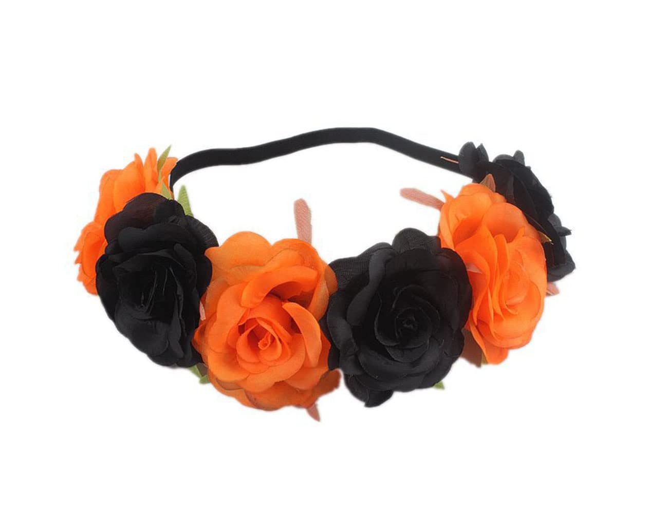 Koolgil Women's Simulated Rose Flower Headband for Independence Day Halloween Wreath Elastic Hairband Rainbow Headband Holiday Corolla Headwear for Travel Party Festivals (Orange Black)