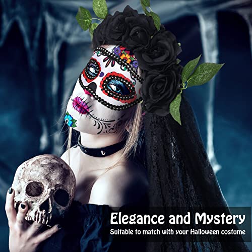 6 Pieces Day of the Dead Costumes for Women Halloween Crown Rose Floral Veil Headband Headpiece with Halloween Skull Face Temporary Tattoo Masquerade Mask for Costume Party (Black)