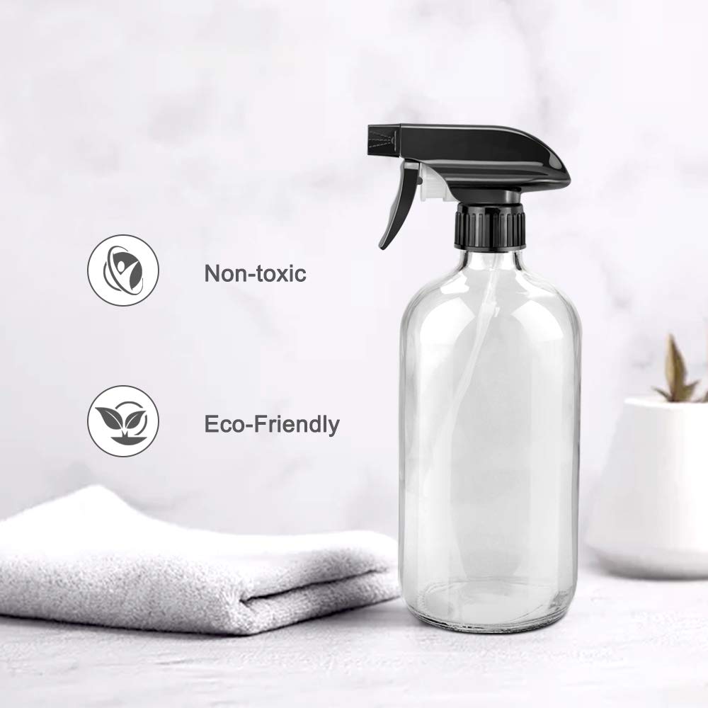 Worldgsb Glass Spray Bottles - 16oz Refillable Boston Round Containers with Adjustable Nozzle & Labels - Clear