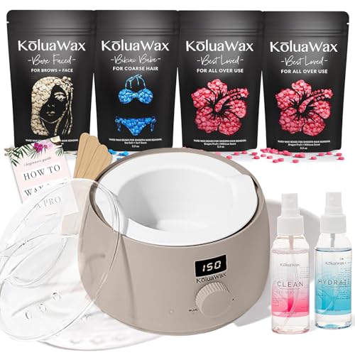 KoluaWax Premium Waxing Kit for Women - Hot Melt Hard Wax Warmer for Hair Removal, Eyebrow, Bikini, Legs, Face, Brazilian Wax - Machine, 4-Pack Beads, Accessories, Sand