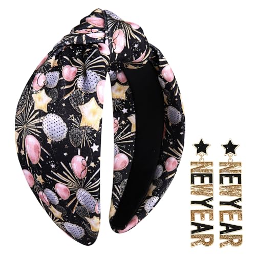 YAHPERN New Year’s Eve Headbands for Women Happy New Year Headband Printed Clock Top Hat Star Headband Holiday Knotted Headband New Year’s Eve Hair Accessories Party Favors Gifts (New Year)