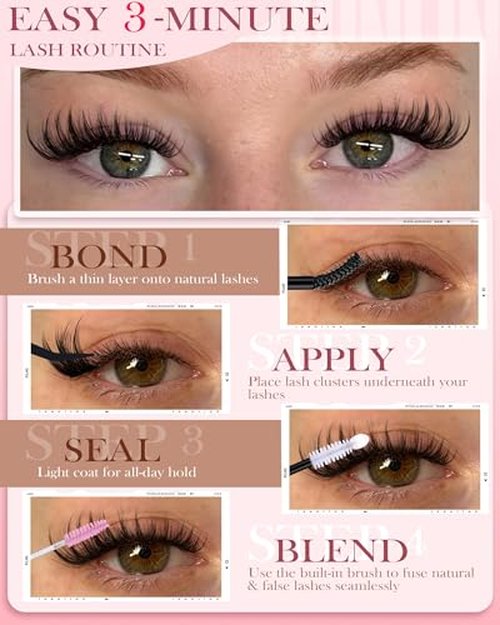 Natural Brown Lash Clusters Kit Wispy Eyelashes Clusters Kit C Curl Cluster Eyelash Extensions 10-16mm Cluster Lashes DIY Eyelash Clusters Waterproof Individual Lashes Extension Kit with Brush