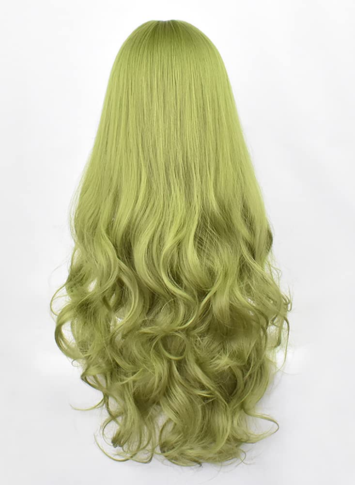 Sharebeauty Synthetic Women Natural Wavy Curly Full Wig with Straight Bangs Green