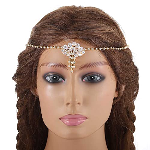 Blindery Rhinestone Head Chain Jewelry Bridal Chain Headpiece Crystal Hair Chain Jewelry Festival Wedding Halloween Hair Accssory for Women and Girls (Gold1)