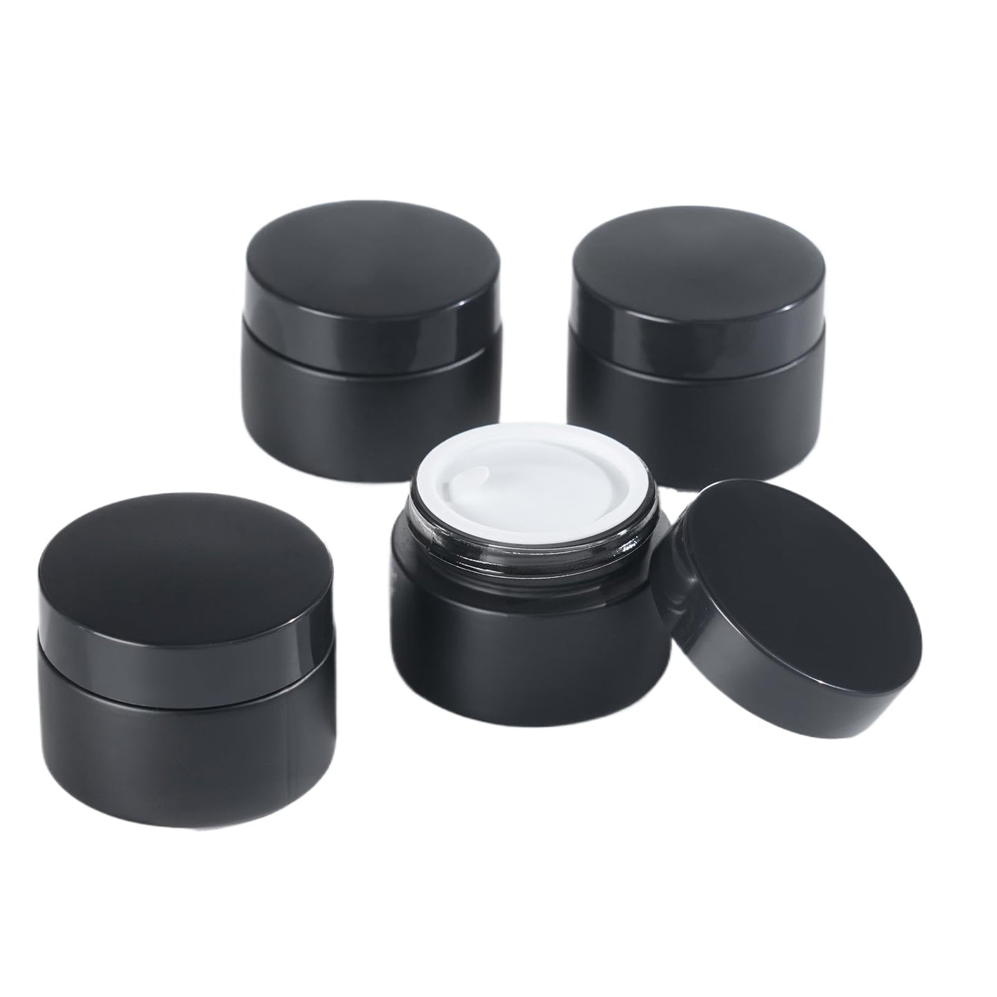 OverNews 4PCS 1oz Glass Jar, Empty Small Cosmetic Lotion Containers,with Inner Liners,Black Lid, Spatula (Black)