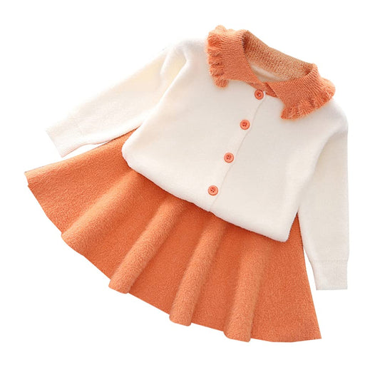 Toddler Baby GirlsKnit Long Sleeve Ruffle Sweater Top+Pleated Mini Tutu Skirt 2pcs Outfit for Kids Princess Casual Playwear Homewear Clothing Set Coffee-Fragrance 12-18 Months