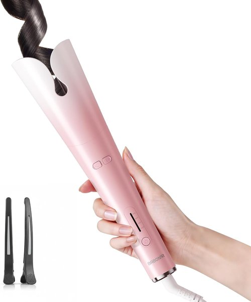 BABONIR Automatic Curling Iron - 1.25'' Ceramic Rotating Wand with 3 Heat Settings & Anti-Scald Design | Travel-Friendly Pink