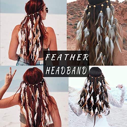 CAKURE Boho Feather Headband Hippie Feather Headpiece Bohemian Gyspy Costume Headwear Indian Tassel Peacock HeadpiecesFeather Hair Accessories for Women and Girls