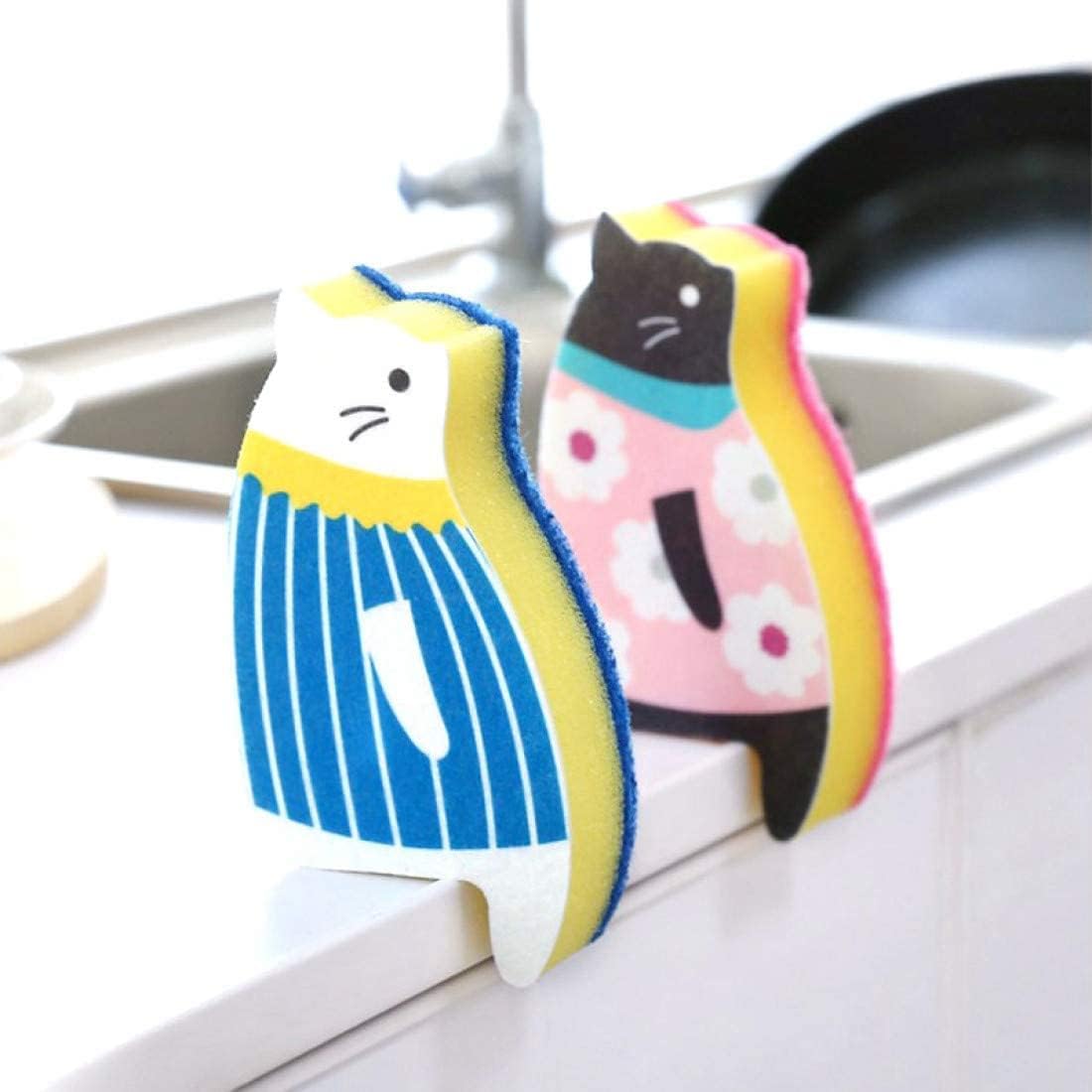 Skiennix Cat Dish Sponge Scrubber - Effective Dishwashing Cloth Set of 4 | Blue & Pink Colors