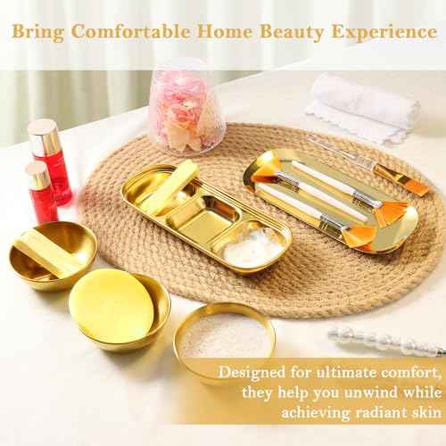 23 Pcs Esthetician Supplies 3 Stainless Steel Gold Mixing Bowls Gold Small Serving Tray 3 Compartment Serving Tray 3 Facial Fan Brushes 3 Face Mask Applicator Brush 12 Facial Sponge Compressed Round